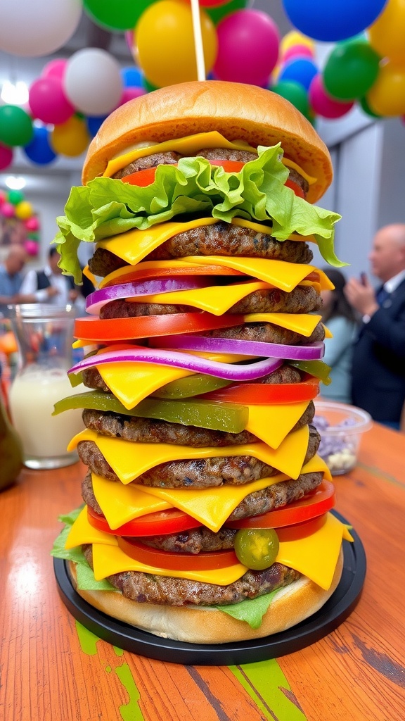 A towering 7-layer burger with beef, cheese, lettuce, tomato, pickles, and onion on a wooden table.